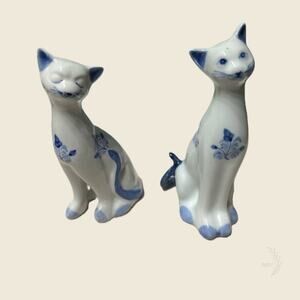 Andrea Sadek Blue White Cat Pair Tall Porcelain Figurines